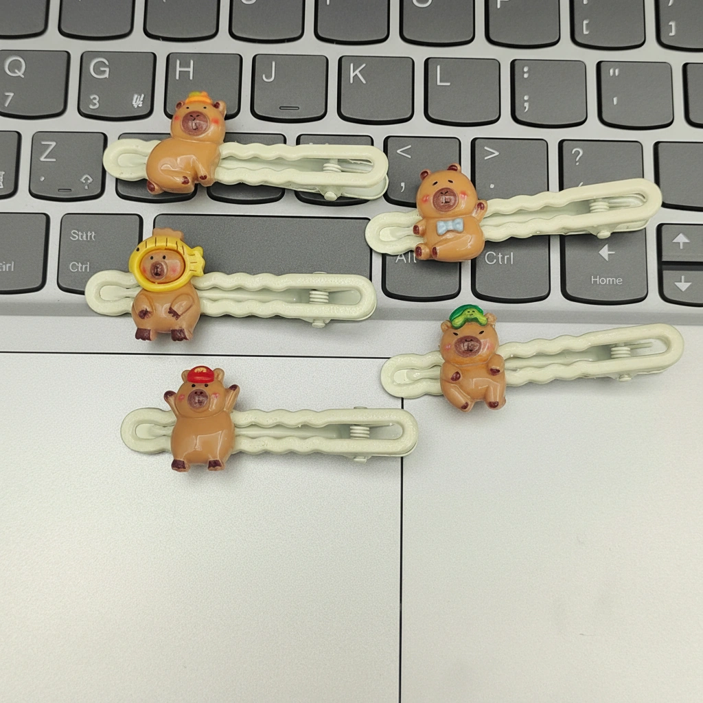 Set of five white wavy hair clips featuring 3D capybara charms wearing a yellow fish hat, red cap, blue bow tie, green turtle, and mandarin orange.