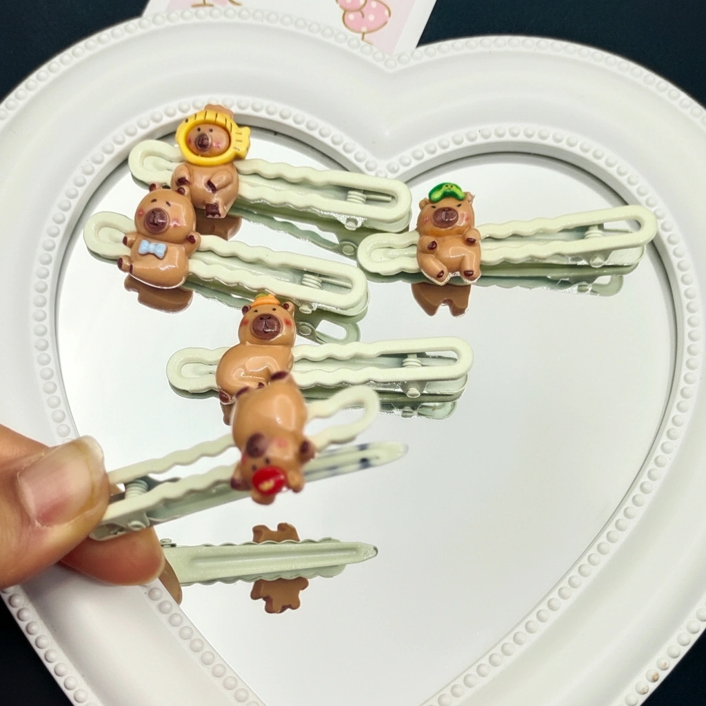 Capybara Costume Wave Hair Clip Set - 5 Style Resin Charms on White Pins