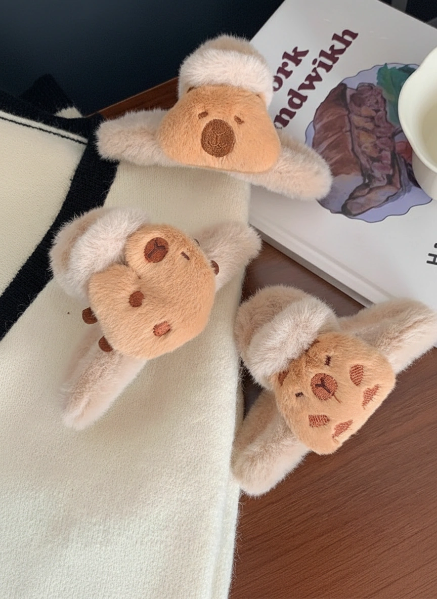 Plush Capybara Hair Claw Clip - Fuzzy Faux Fur Shark Jaw Design - Updo Holder