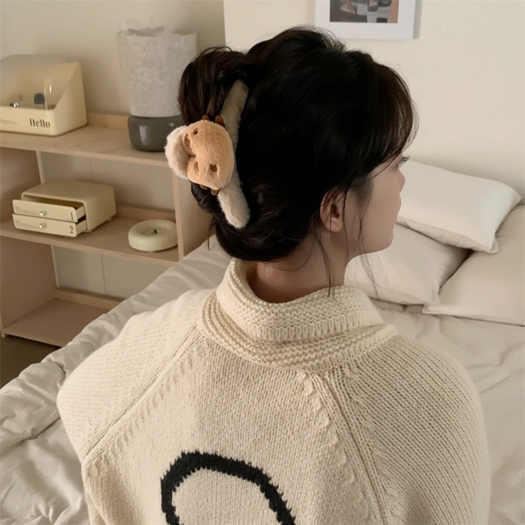 A model wearing a large, fuzzy brown plush capybara hair claw clip holding up a hair bun, showing the soft faux fur texture and embroidered face.