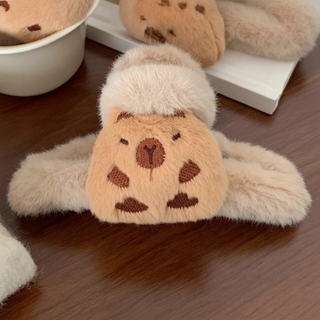 Plush Capybara Hair Claw Clip - Fuzzy Faux Fur Shark Jaw Design - Updo Holder