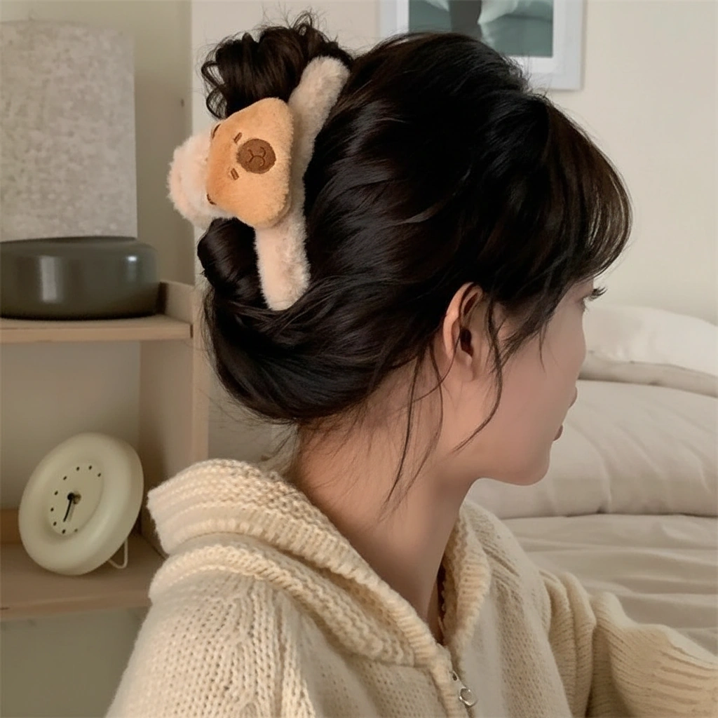 A model wearing a large, fuzzy brown plush capybara hair claw clip holding up a hair bun, showing the soft faux fur texture and embroidered face.