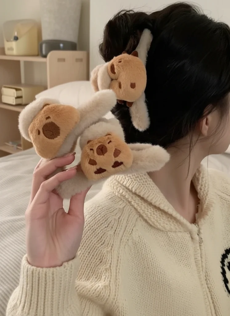 A model wearing a large, fuzzy brown plush capybara hair claw clip holding up a hair bun, showing the soft faux fur texture and embroidered face.