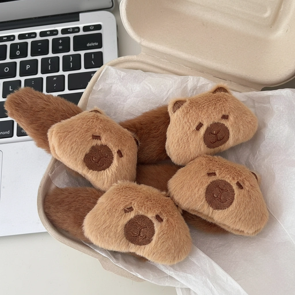Close-up of a fuzzy, brown plush capybara hair clip with embroidered face details and a soft stuffed texture.