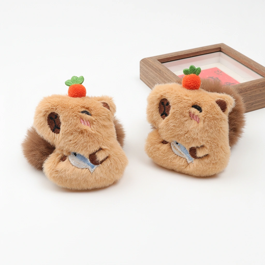 Close-up of a brown plush capybara hair scrunchie featuring a winking face, a carrot on its head, and holding a small blue fish.