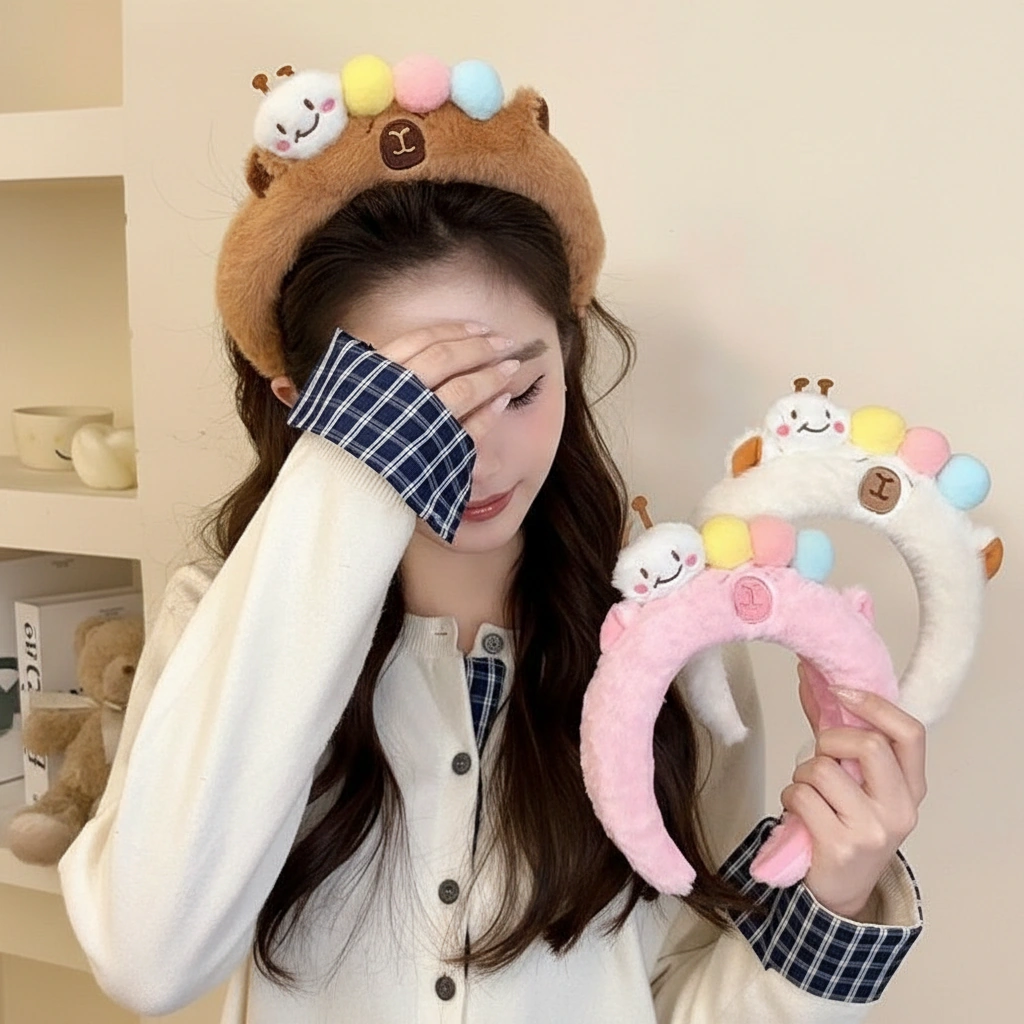 Capybara Plush Headband with 3D Caterpillar