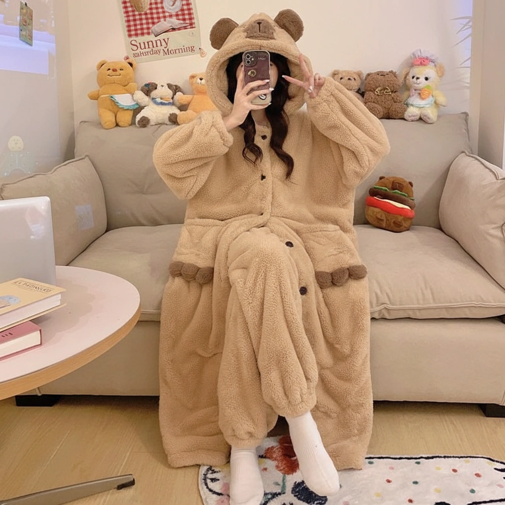 Long Sherpa Fleece Capybara Hooded Robe Coat & Pants - Capybara Plush ...
