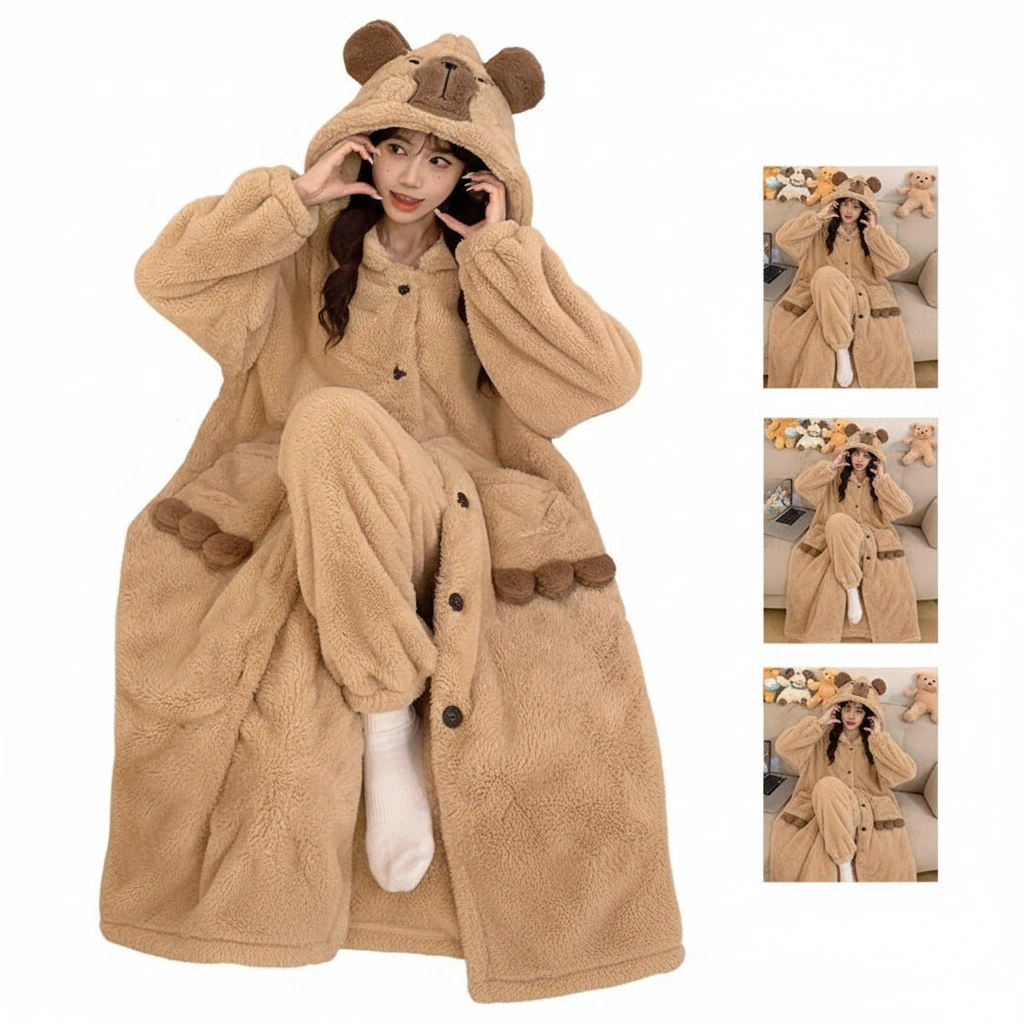 Long Sherpa Fleece Capybara Hooded Robe Coat & Pants