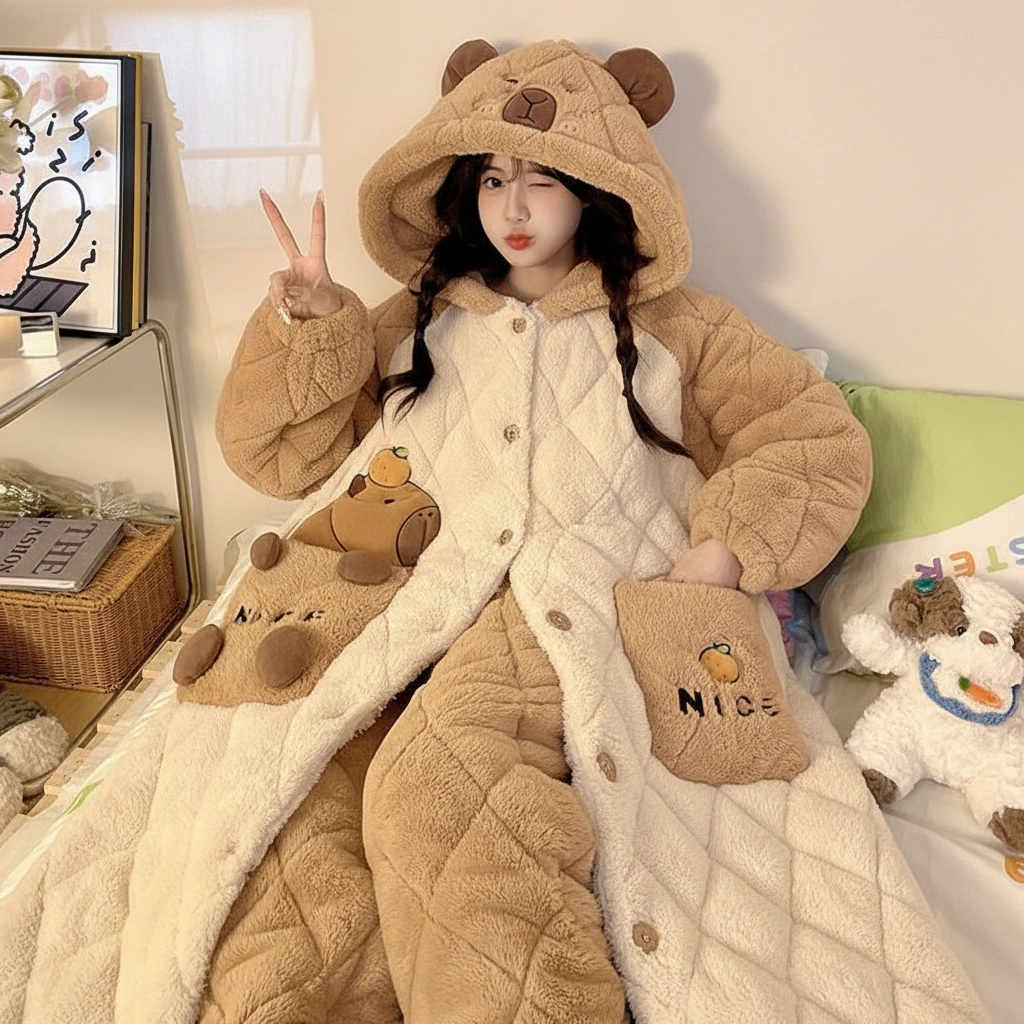 Long Capybara Hooded Robe Coat Capybara Pajamas Set