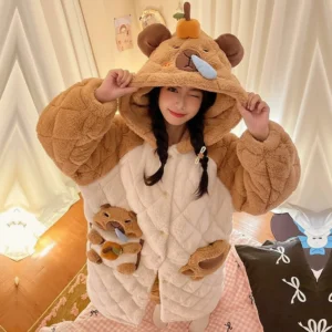 Capybara Hooded Robe Coat with 3D Bubble Capybara Pajamas Set