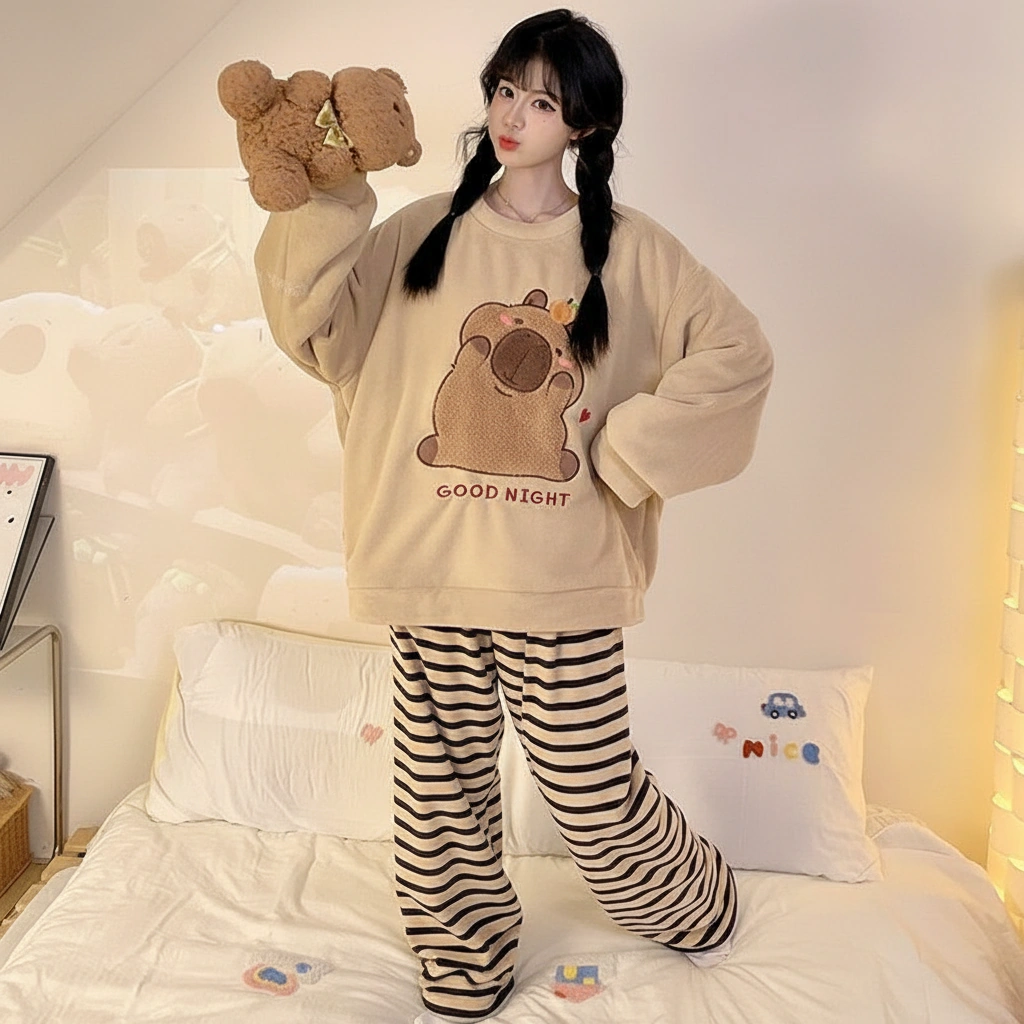 Good Night Capybara Pajama Set Striped Pants Loungewear