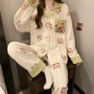Capybara Pajamas Set Cable-Knit Fleece Button-Down Sleepwear