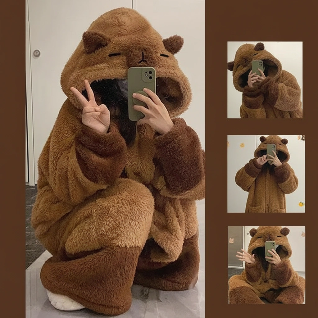 Capybara Long Hooded Robe and Pants Capybara Pajamas Set