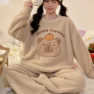Beige Capybara Pajamas Set Crewneck Sleepwear
