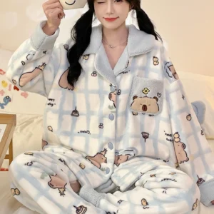 Blue Plaid Capybara Pajamas Set Button-Down Sleepwear