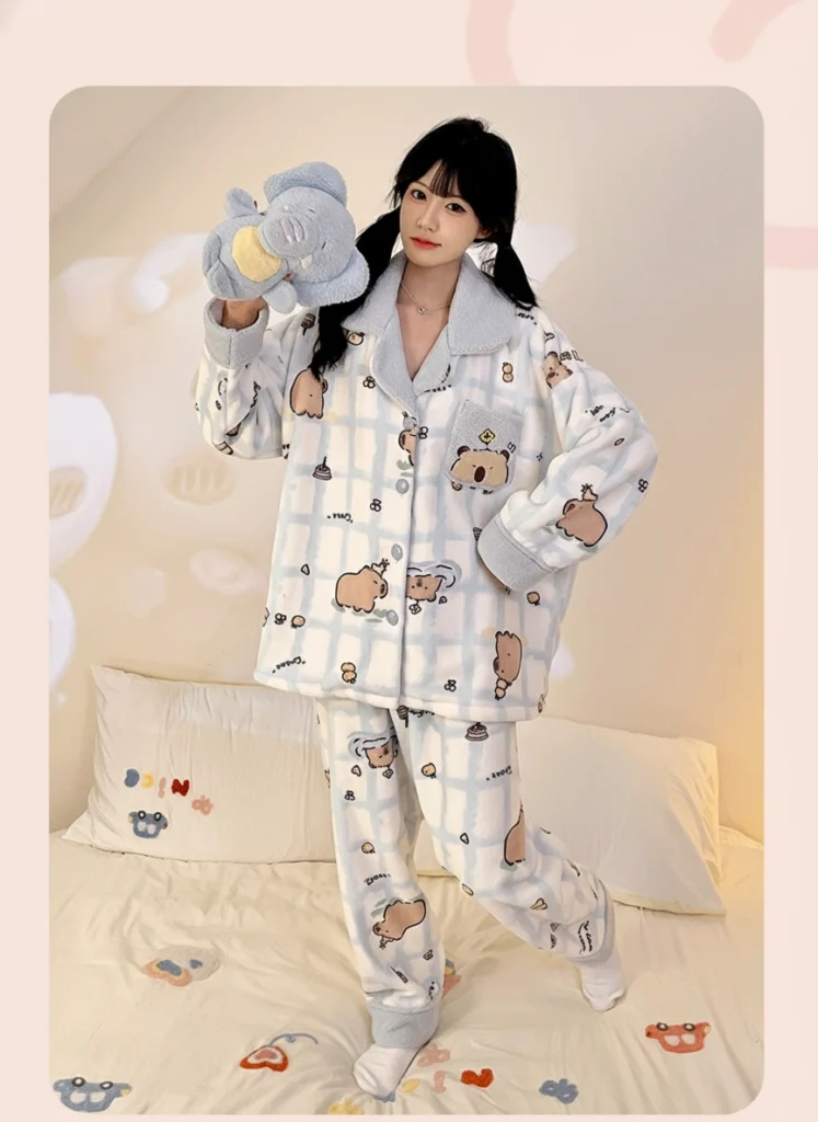 Blue Plaid Capybara Pajamas Set Button-Down Sleepwear