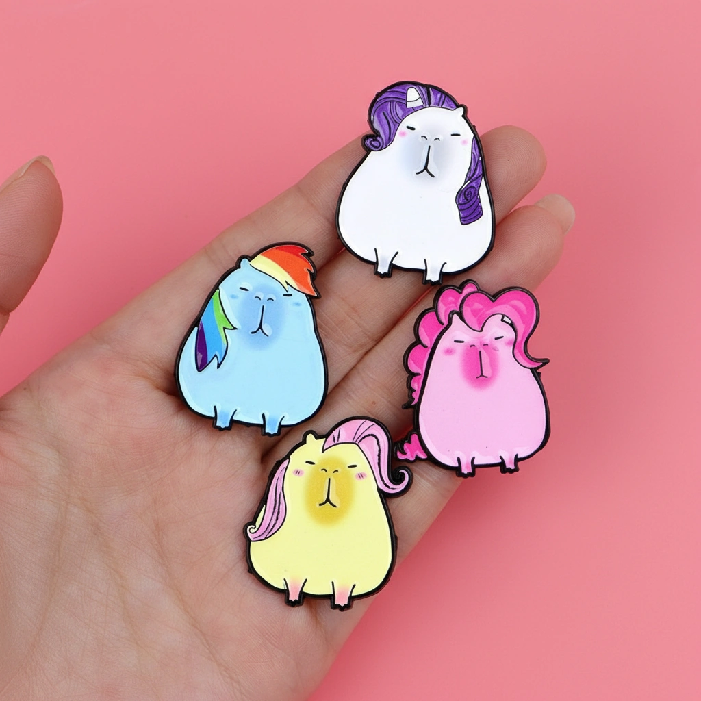 Set of four enamel pins featuring capybaras styled as magical ponies with rainbow, pink, purple, and yellow manes.