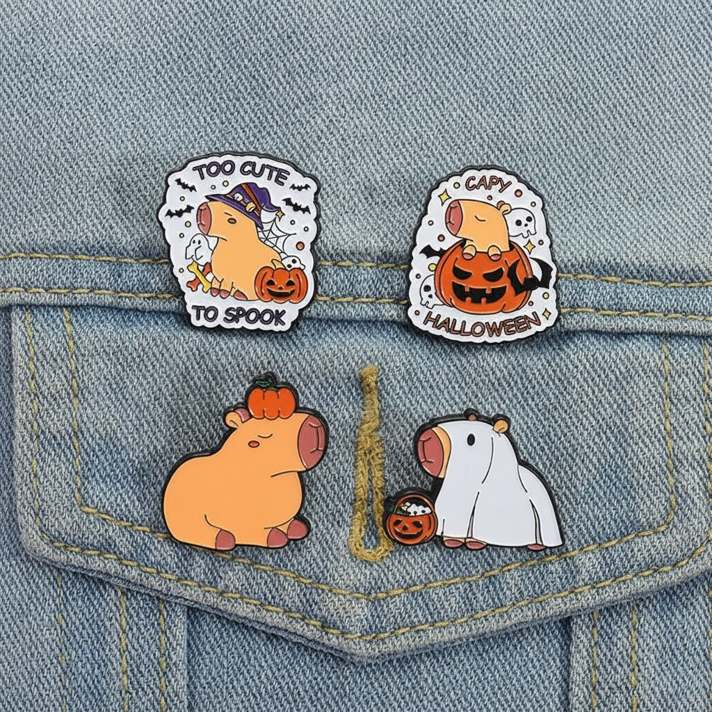 Set of four Halloween-themed enamel pins featuring a capybara in a ghost costume, wearing a witch hat, sitting inside a pumpkin, and balancing a pumpkin on its head.