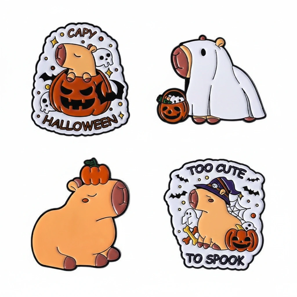 Set of four Halloween-themed enamel pins featuring a capybara in a ghost costume, wearing a witch hat, sitting inside a pumpkin, and balancing a pumpkin on its head.