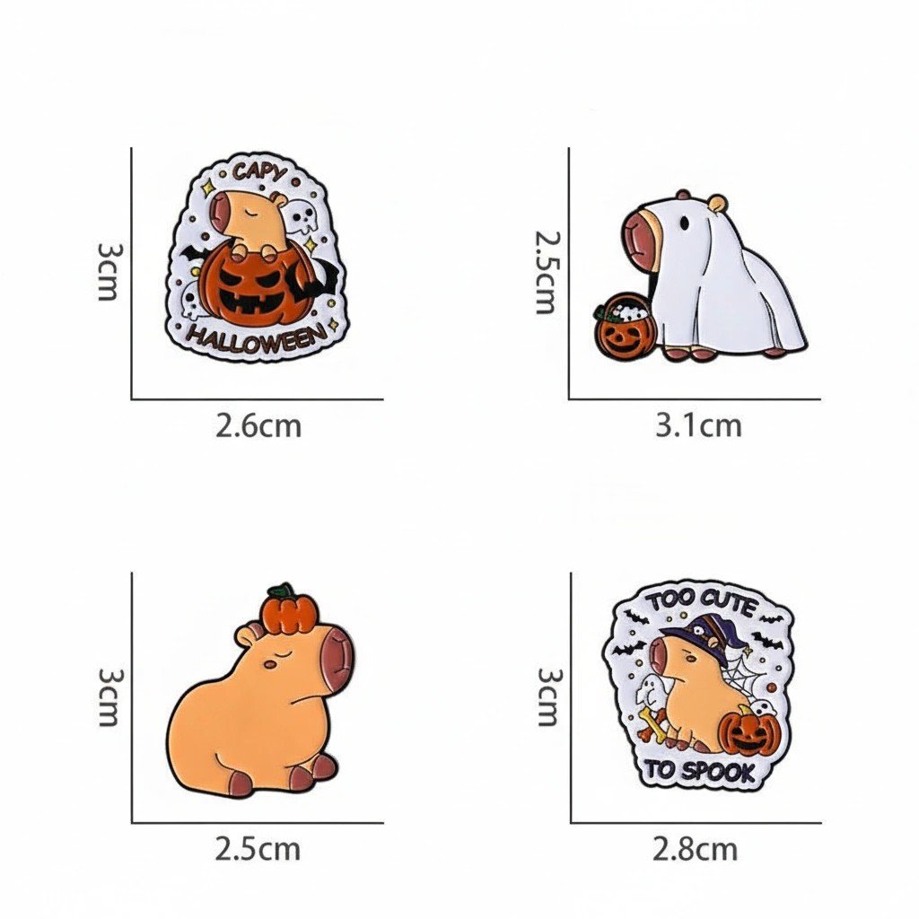Set of four Halloween-themed enamel pins featuring a capybara in a ghost costume, wearing a witch hat, sitting inside a pumpkin, and balancing a pumpkin on its head.