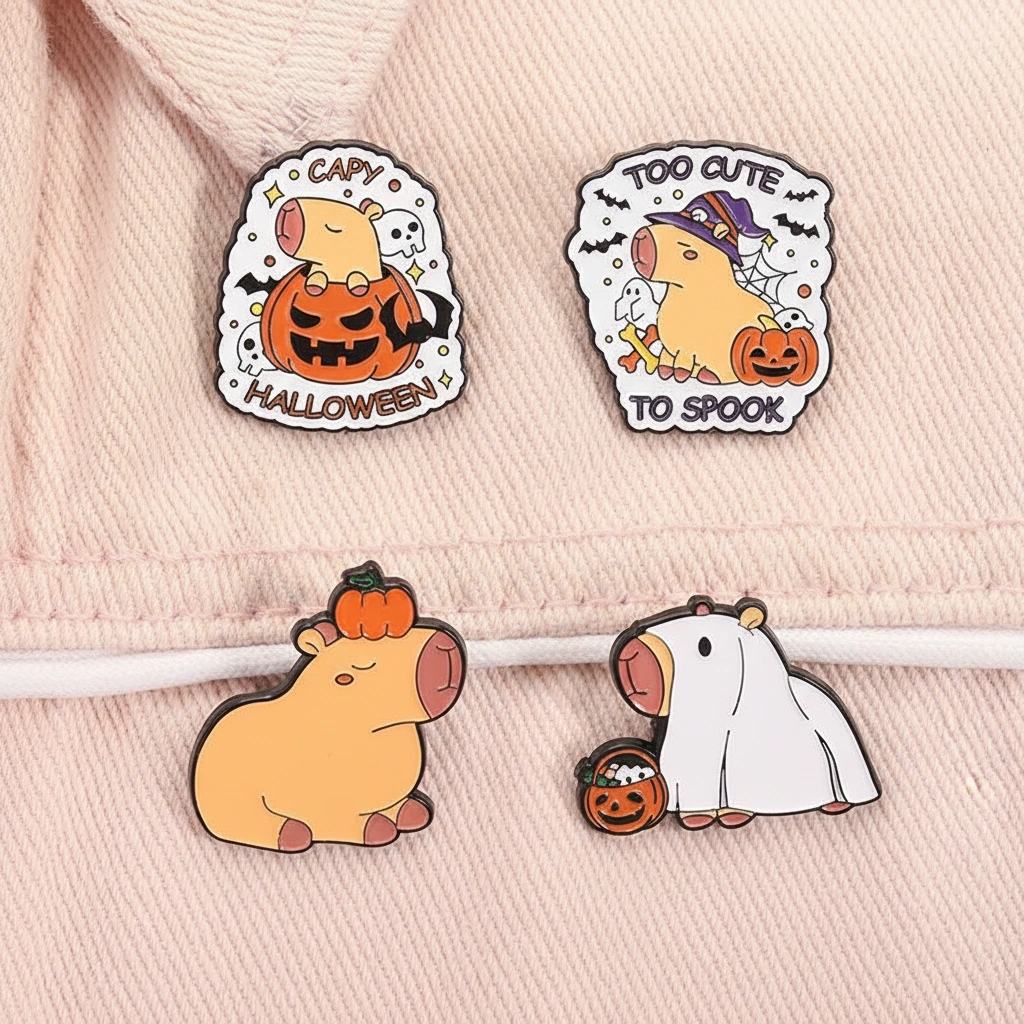 Set of four Halloween-themed enamel pins featuring a capybara in a ghost costume, wearing a witch hat, sitting inside a pumpkin, and balancing a pumpkin on its head.