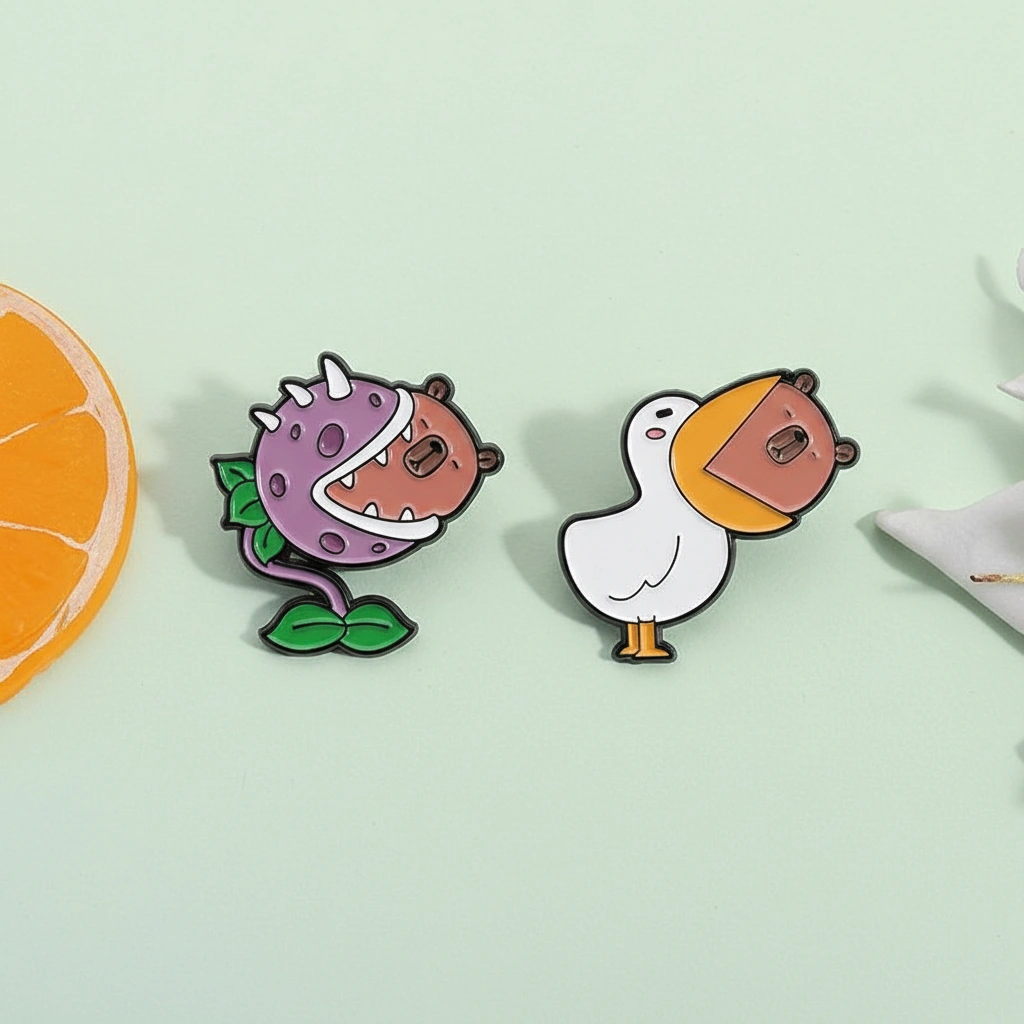Funny enamel pins showing a capybara looking calm while being bitten by a white pelican and a purple carnivorous plant.