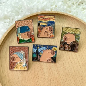 Set of five rectangular enamel pins featuring cartoon capybaras parodying famous paintings including The Starry Night, The Scream, Mona Lisa, Girl with a Pearl Earring, and Van Gogh's Self-Portrait.