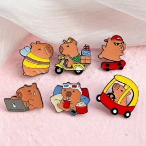 Set of six enamel pins depicting capybaras in various lifestyle scenarios: working on a laptop, watching a 3D movie, skateboarding, delivering packages on a scooter, driving a toy car, and wearing a bee costume.