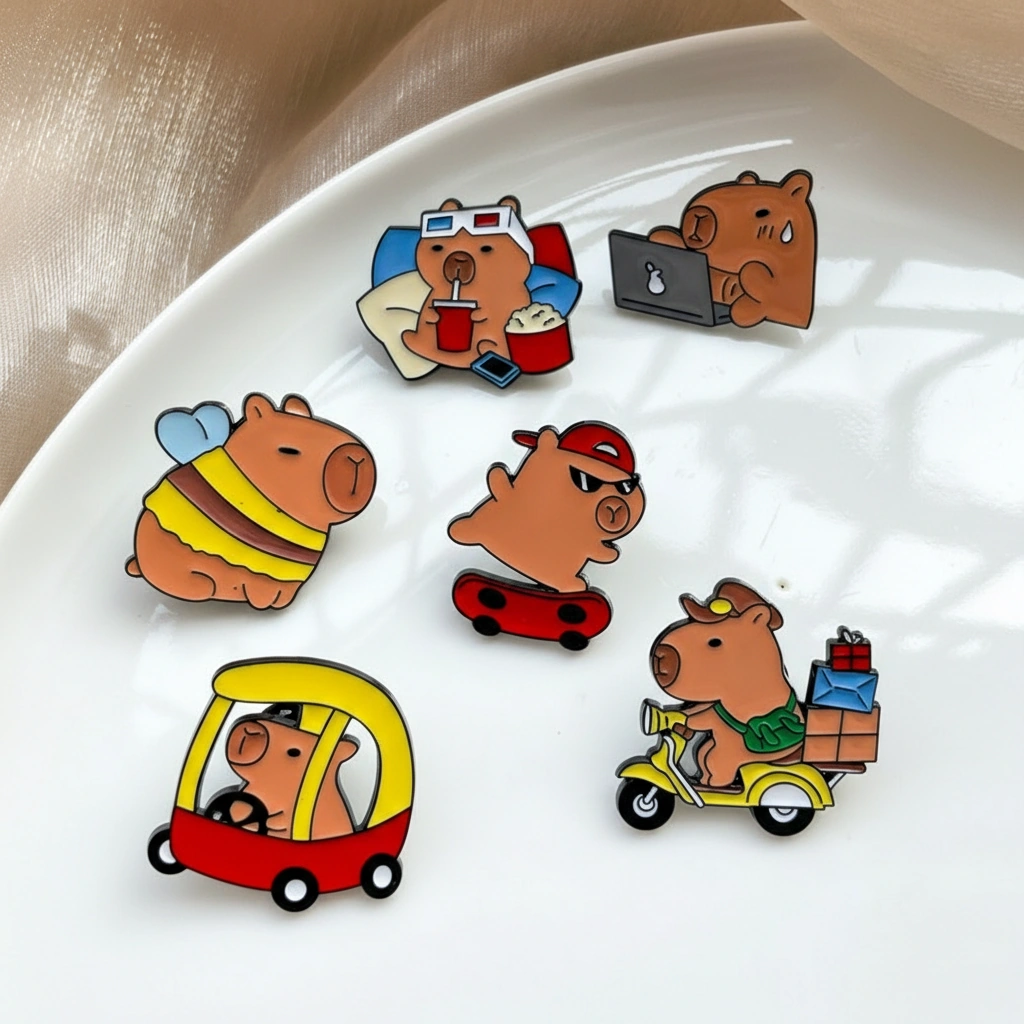 Set of six enamel pins depicting capybaras in various lifestyle scenarios: working on a laptop, watching a 3D movie, skateboarding, delivering packages on a scooter, driving a toy car, and wearing a bee costume.