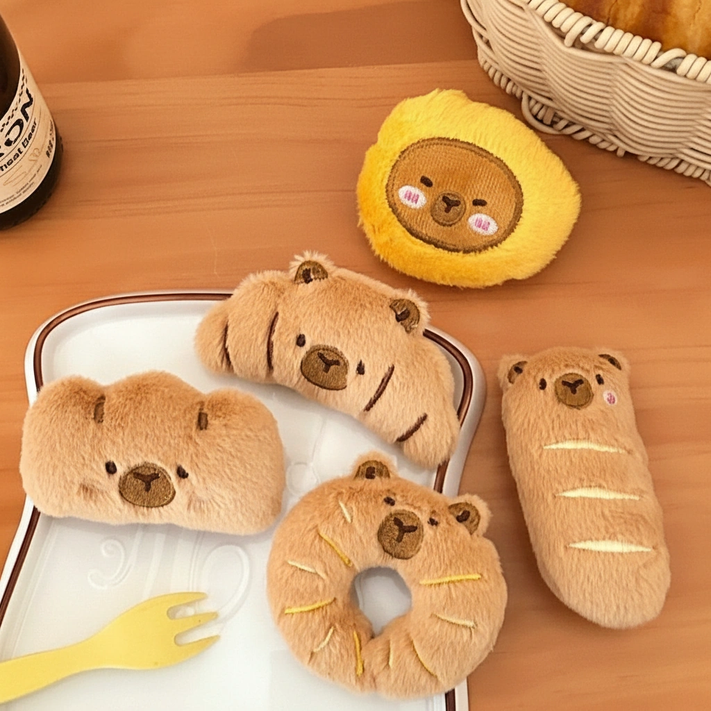 A collection of six bakery-themed plush pins shaped like a croissant, baguette, donut, fried chicken leg, bread loaf, and a chef bun, all featuring embroidered capybara faces.