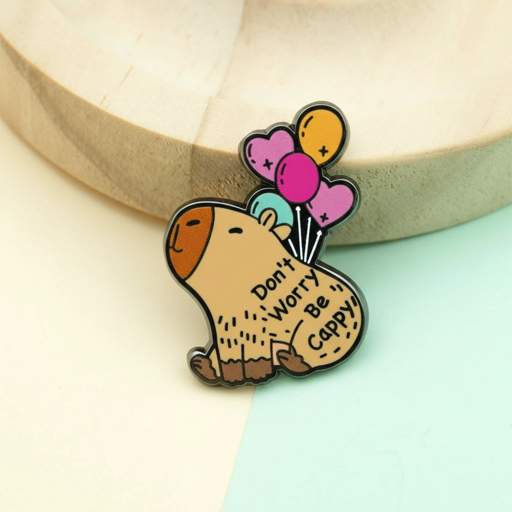A cartoon enamel pin of a sitting capybara with the text "Don't Worry Be Cappy" on its body, being lifted by a bunch of colorful heart and round balloons.