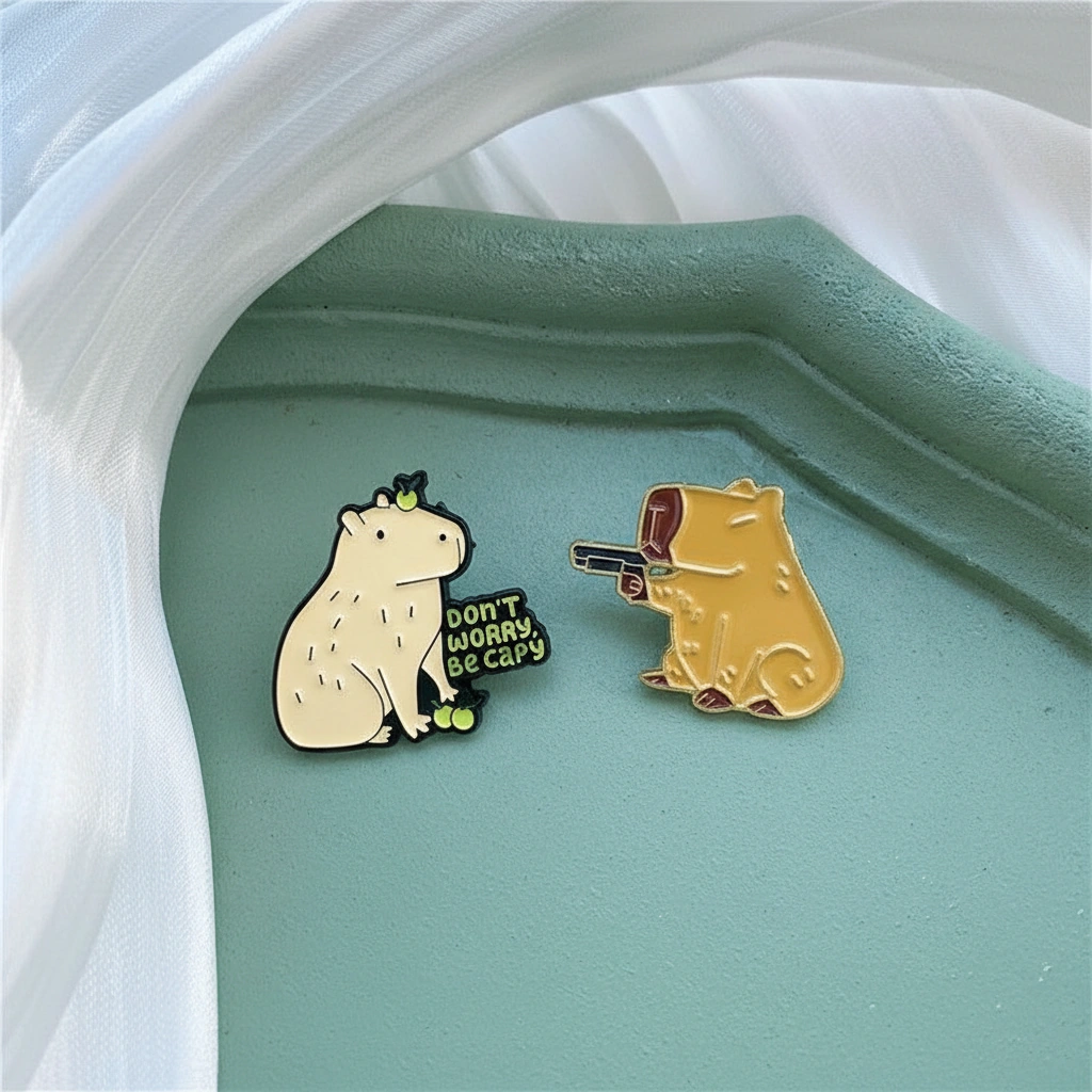 Two enamel pins showing a chill capybara with a yuzu fruit on its head and a funny meme capybara holding a pistol accessory.