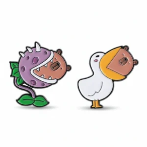 Funny enamel pins showing a capybara looking calm while being bitten by a white pelican and a purple carnivorous plant.