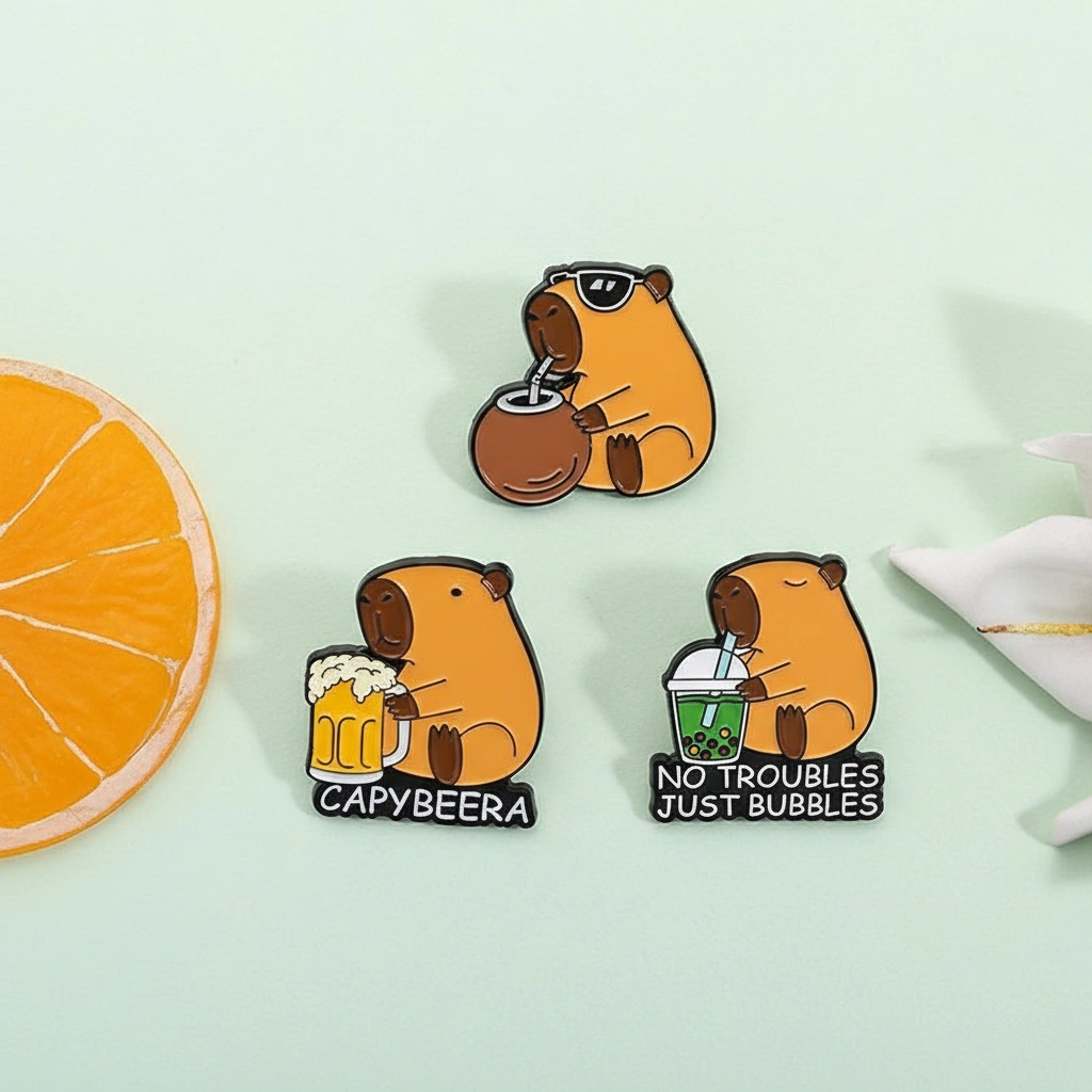 Set of three enamel pins featuring capybaras drinking green boba tea, a mug of beer, and yerba mate with sunglasses.