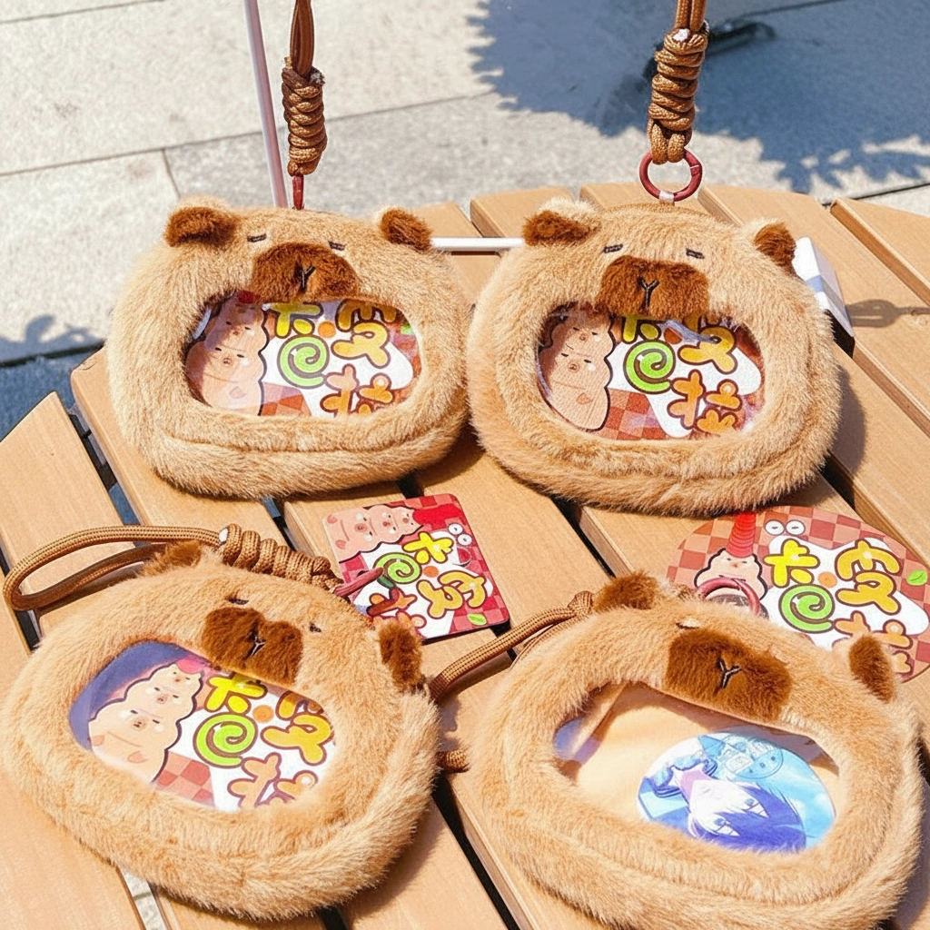 Capybara stuffed animal keychain attached to a bag handle displaying a character pin inside the transparent pocket.