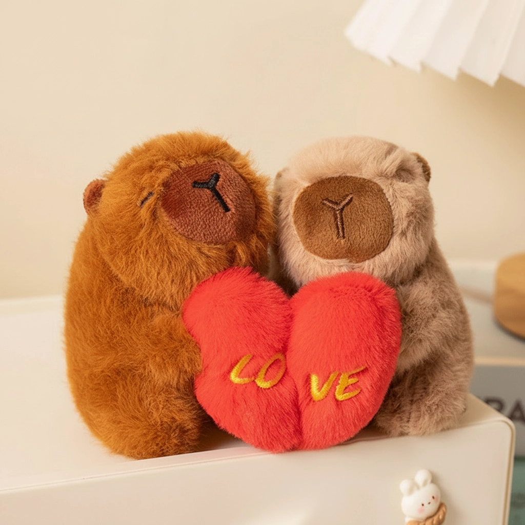 A pair of brown and beige stuffed capybaras hugging each other with a magnetic connection.