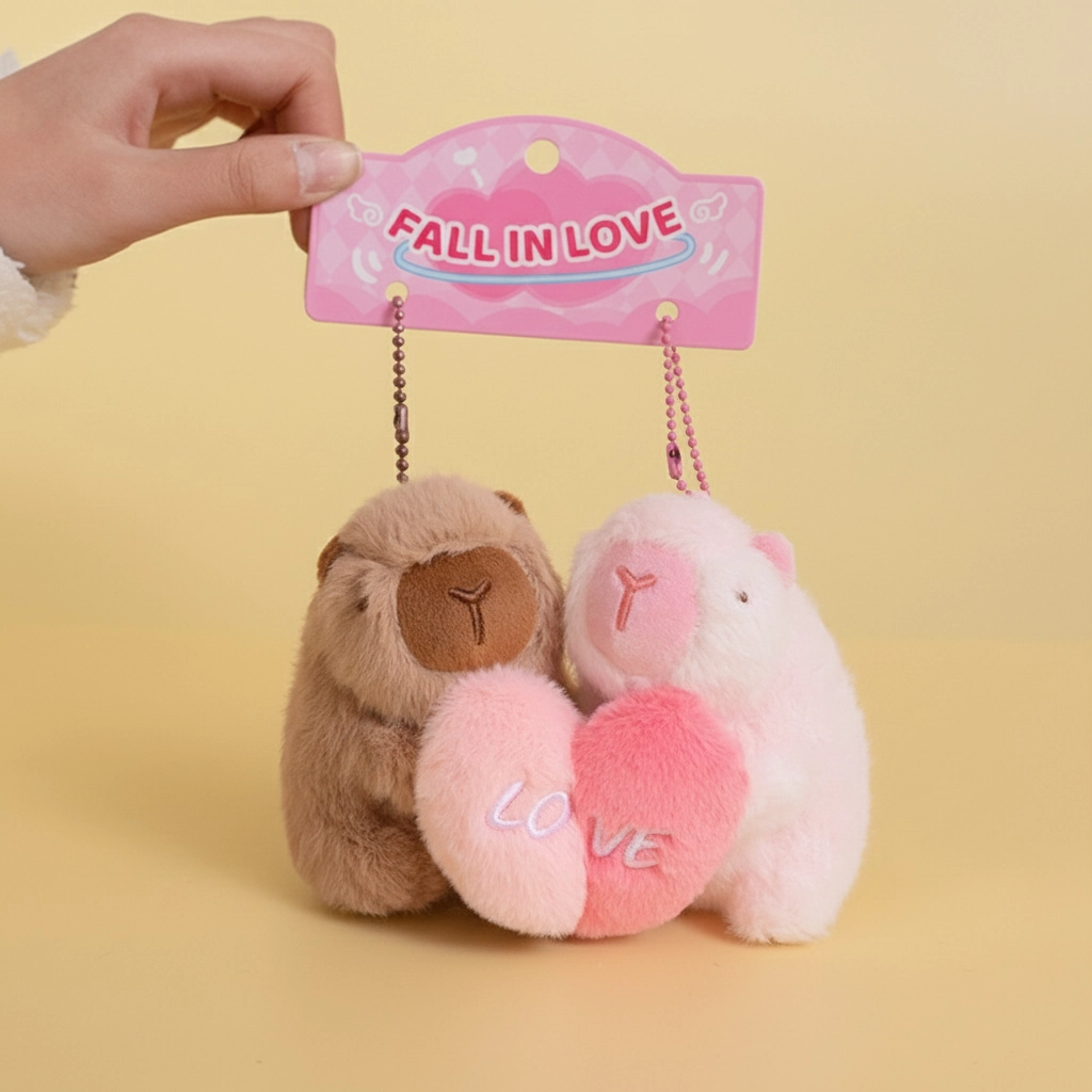 Hands holding a packaging card labeled "Fall In Love" with two magnetic capybara keychains hanging from it.