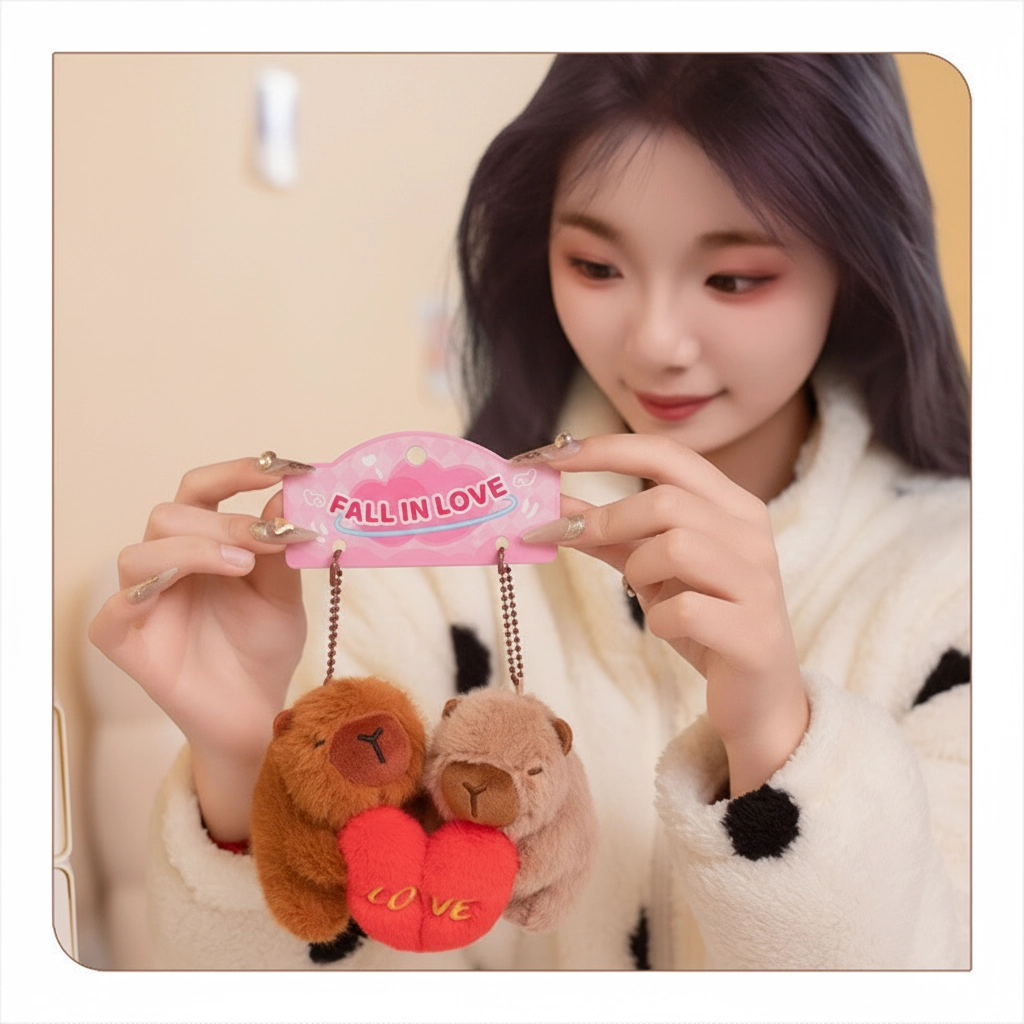 Hands holding a packaging card labeled "Fall In Love" with two magnetic capybara keychains hanging from it.