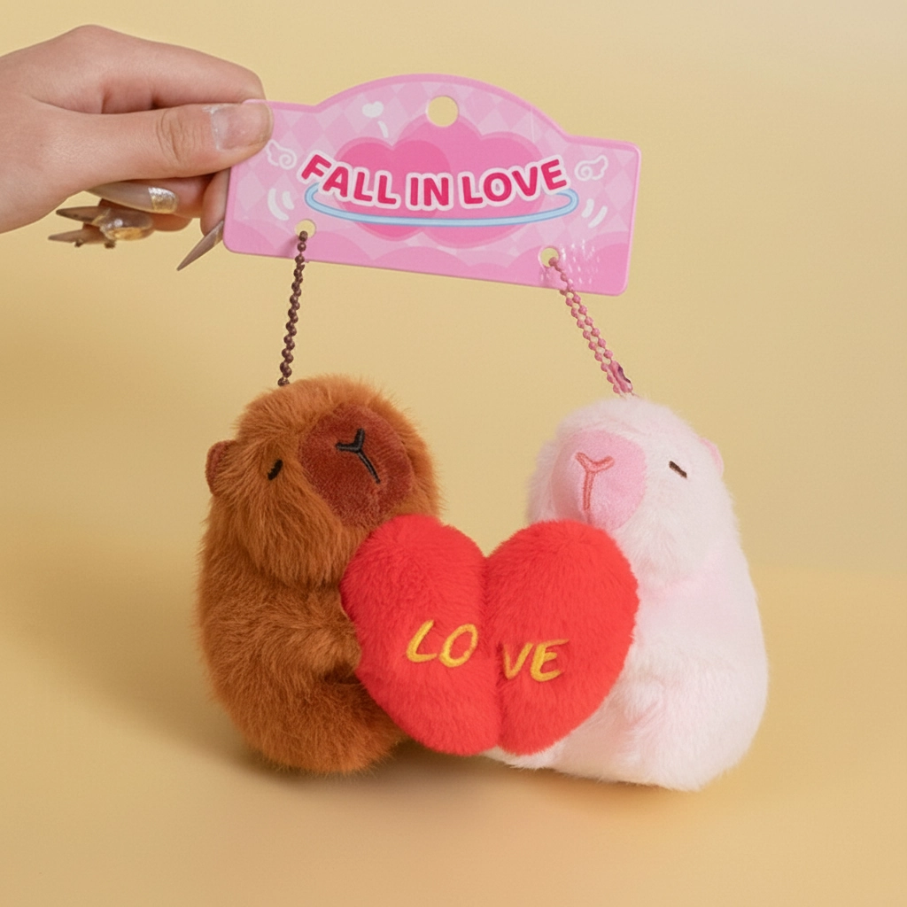 Hands holding a packaging card labeled "Fall In Love" with two magnetic capybara keychains hanging from it.