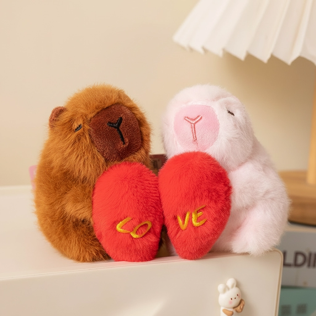 Dark brown and pink capybara plushies magnetically attached, holding a red heart that spells LOVE.