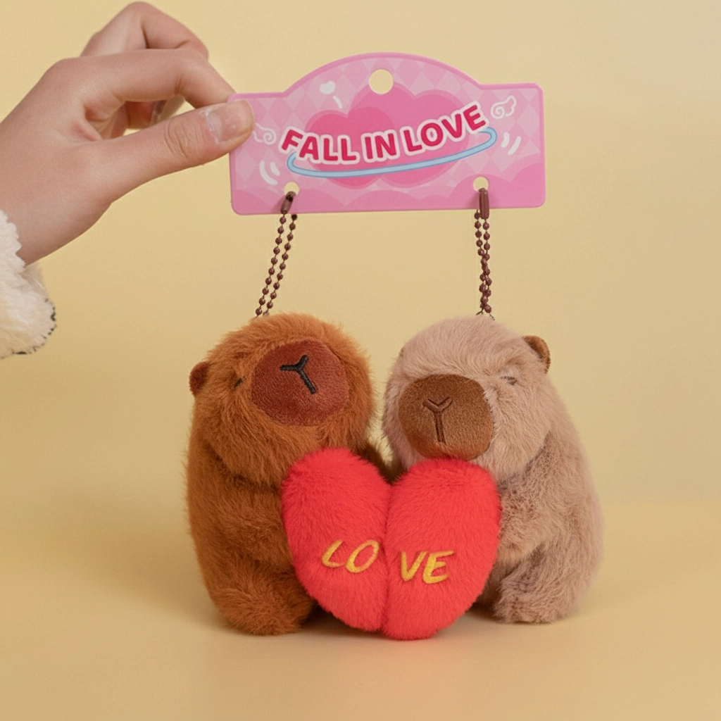 Hands holding a packaging card labeled "Fall In Love" with two magnetic capybara keychains hanging from it.