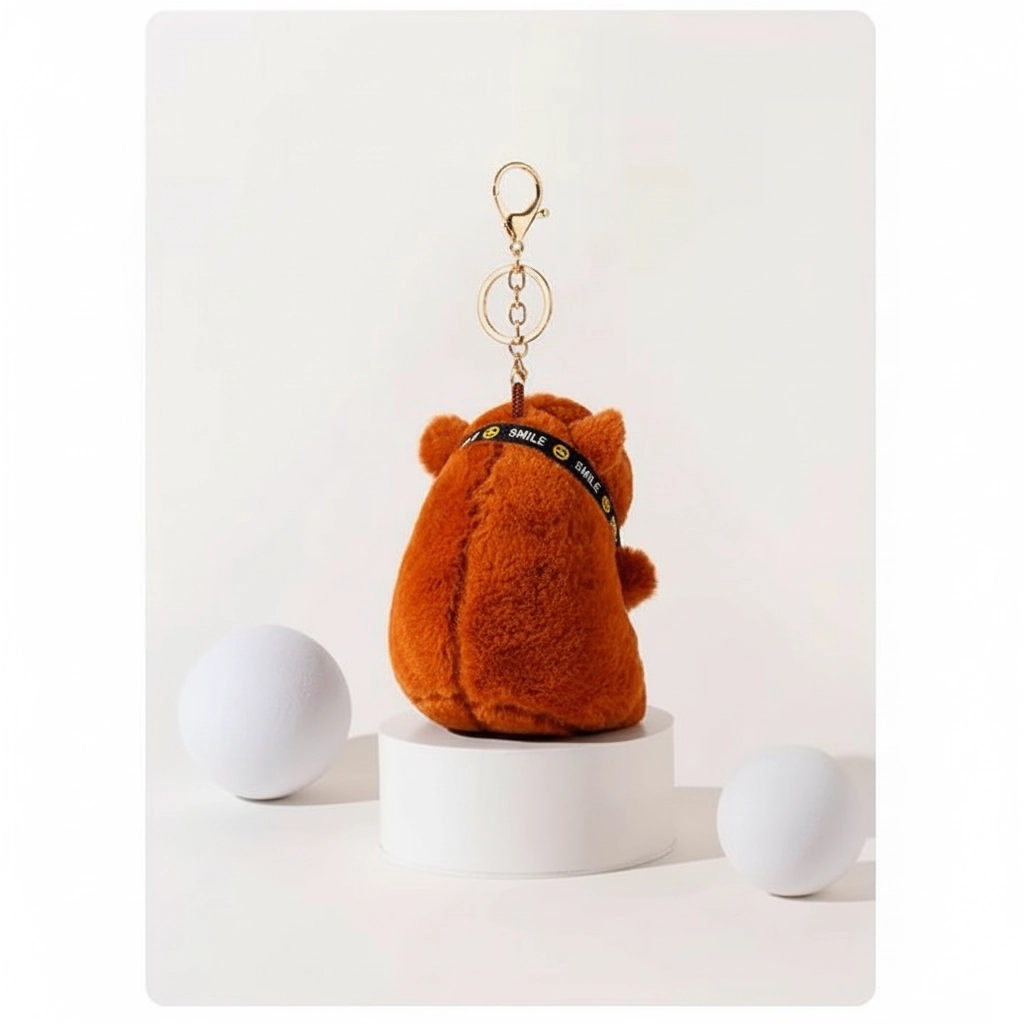 Side profile of the photographer capybara plush showing the thickness of the body and the camera strap detail.
