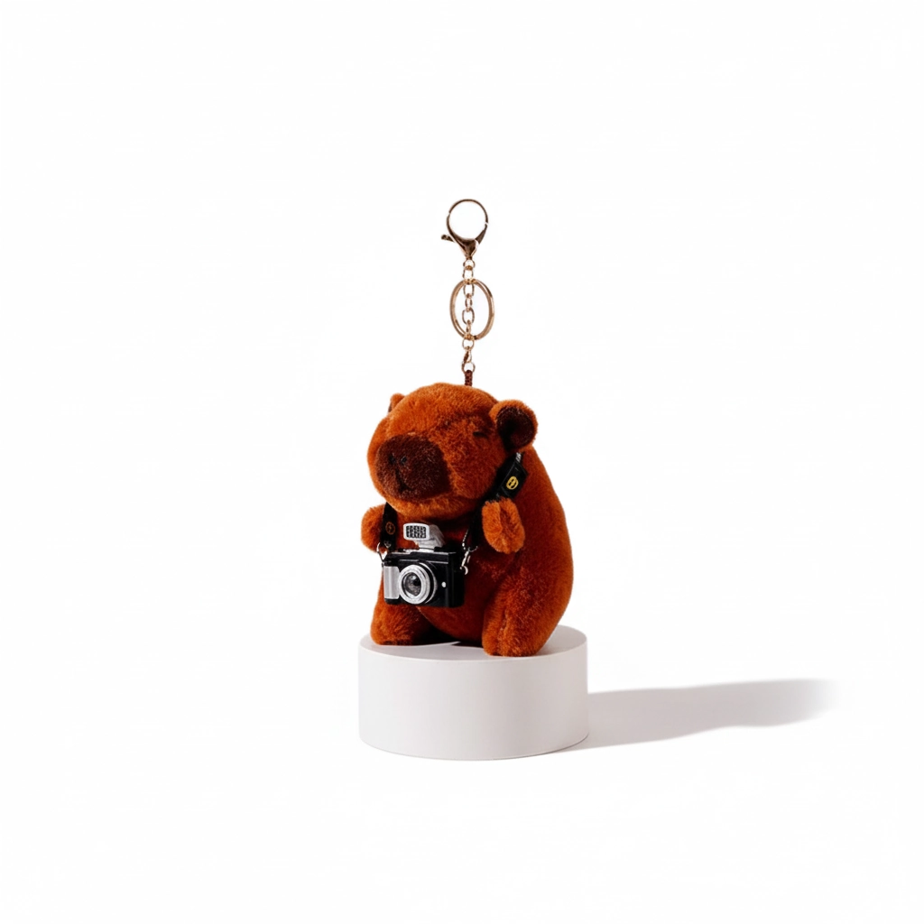 Front view of a brown capybara plush toy wearing a black camera around its neck with a gold keychain attachment.