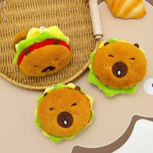 capybara burger, funny plush keychain, squeaky stuffed animal, food themed plushie, novelty bag charm, cute keyring, hamburger soft toy, interactive keychain, kawaii accessories.