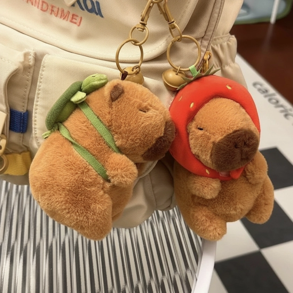 Two 10cm capybara plush keychains, one wearing a red strawberry hood and the other carrying a green turtle shell backpack, both hanging from gold-tone clasps with small bells.