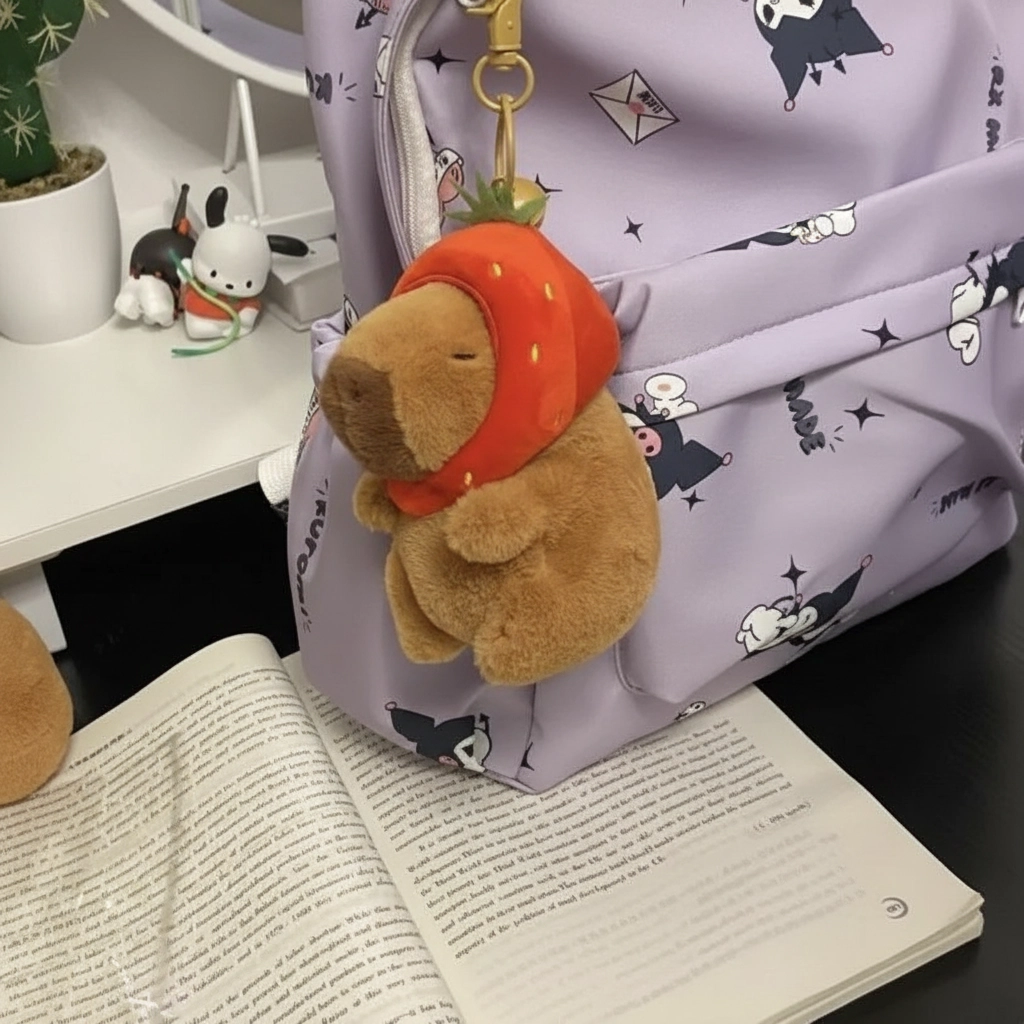 Capybara Plush Keychain in Strawberry Hood
