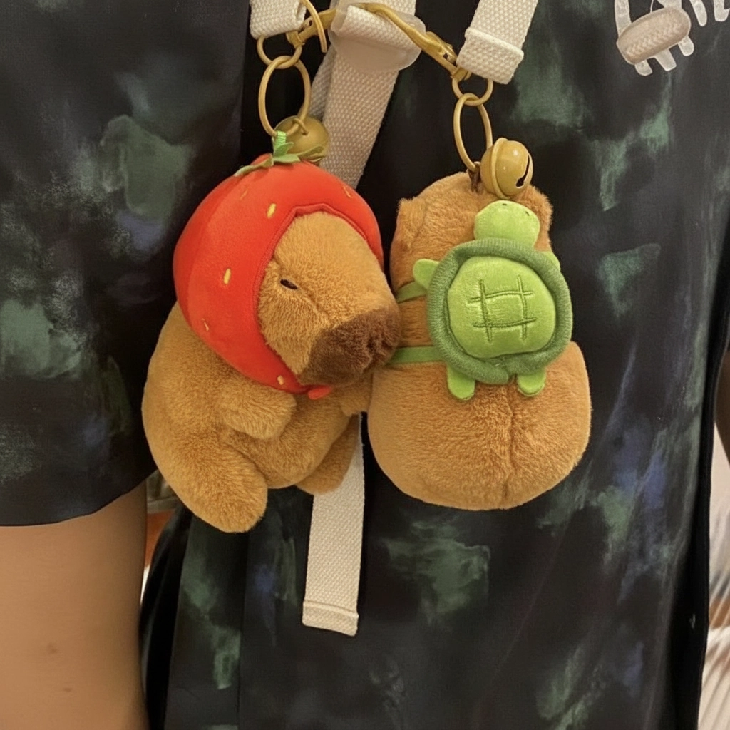 Two 10cm capybara plush keychains, one wearing a red strawberry hood and the other carrying a green turtle shell backpack, both hanging from gold-tone clasps with small bells.