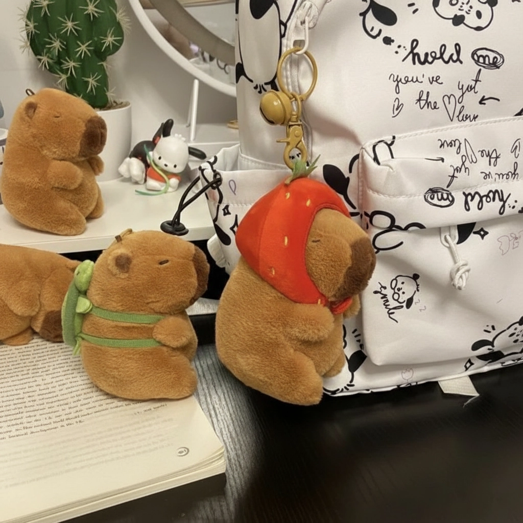 Two 10cm capybara plush keychains, one wearing a red strawberry hood and the other carrying a green turtle shell backpack, both hanging from gold-tone clasps with small bells.