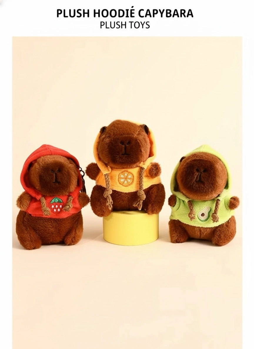 Hoodie Capybara Plush Keychain – Stuffed Animal in Fruit Themed Sweatshirt (10cm)