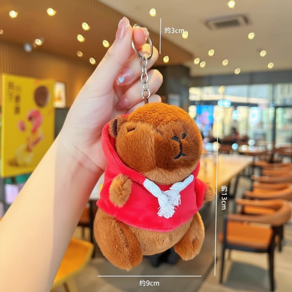 Capybara stuffed animal wearing a red hooded sweatshirt with a strawberry embroidered on the front.